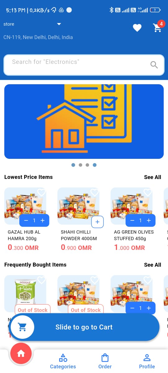 Home Page with Product Listings and Slide-to-Cart Feature.